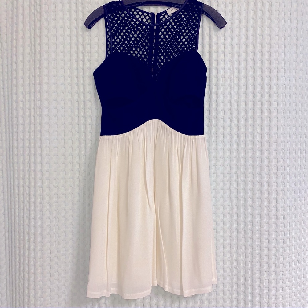 B&W Sandro Cocktail Dress w/ Netting Neckline